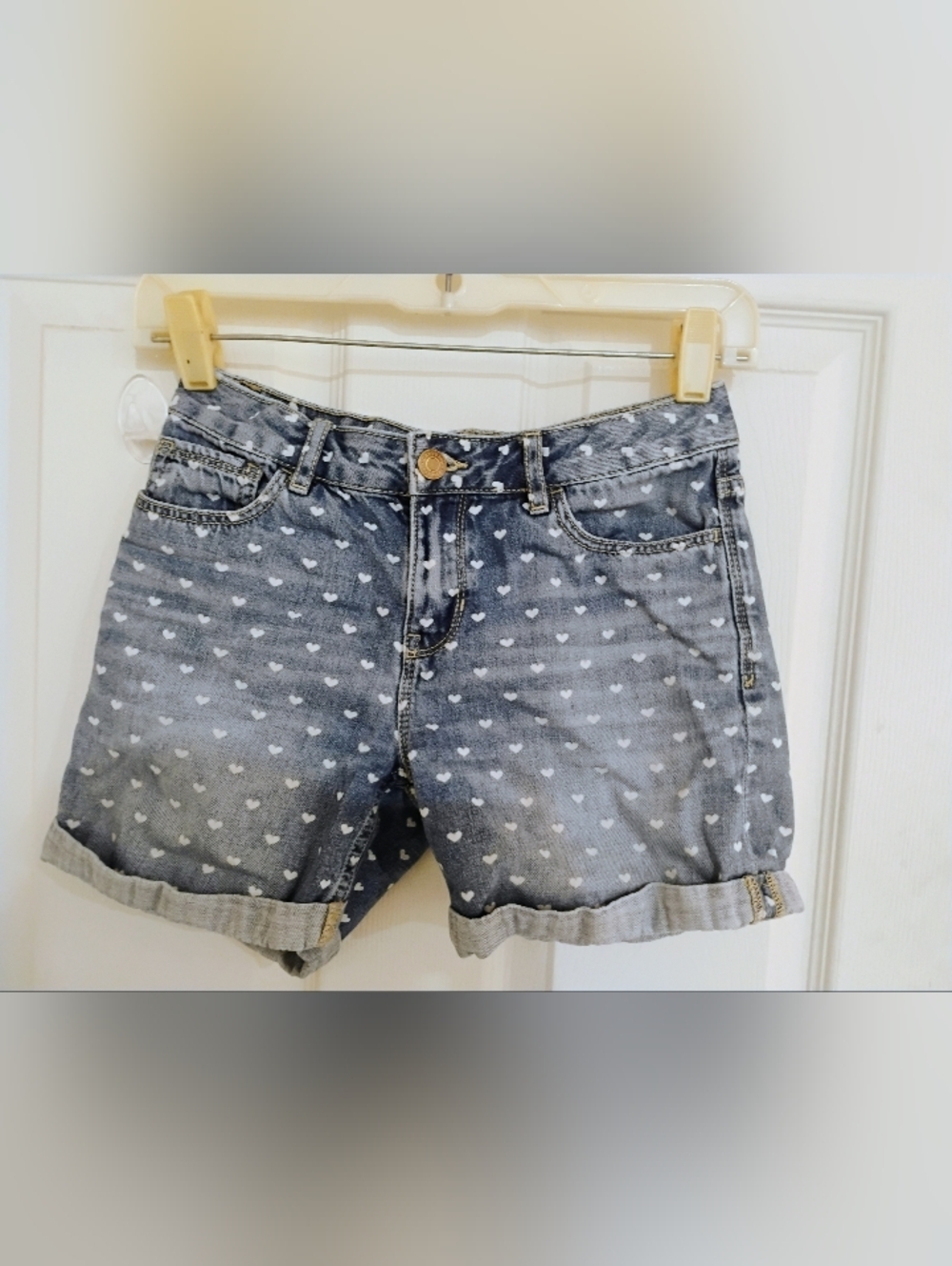 Gap Kids Light Blue Denim Shorts with White Heart Print And Adjustable Waist
